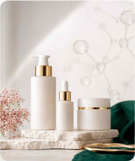 Produits cosmétiques sur un socle en pierre